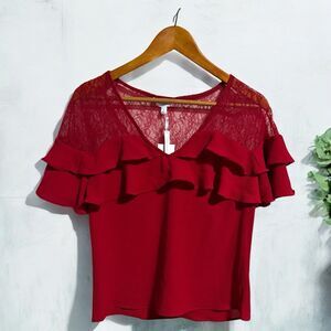 Candie’s Shirt Women’s Small Red Lace Ruffle Blouse Top Short Sleeve NWT